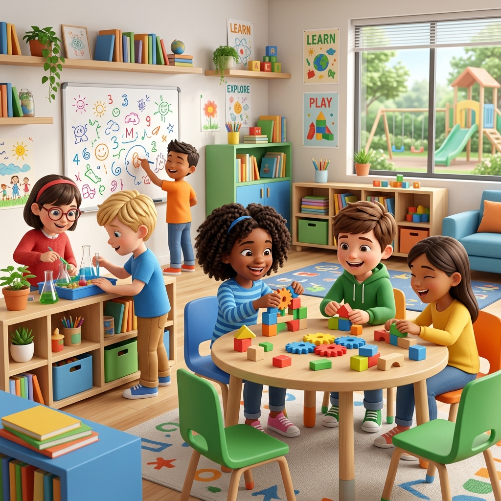 Crianças aprendendo e brincando em sala de aula colorida
